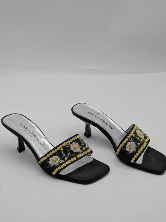 Authentic Dolce & Gabbana Black Satin Beaded Mule Heel Sandals Womens Sz 35 - Picture 6 of 11